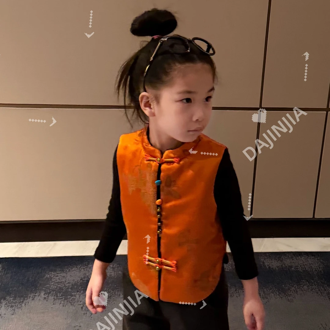 大金定制童装国潮风橙色新中式唐装两穿夹棉马甲冬装印花保暖外套