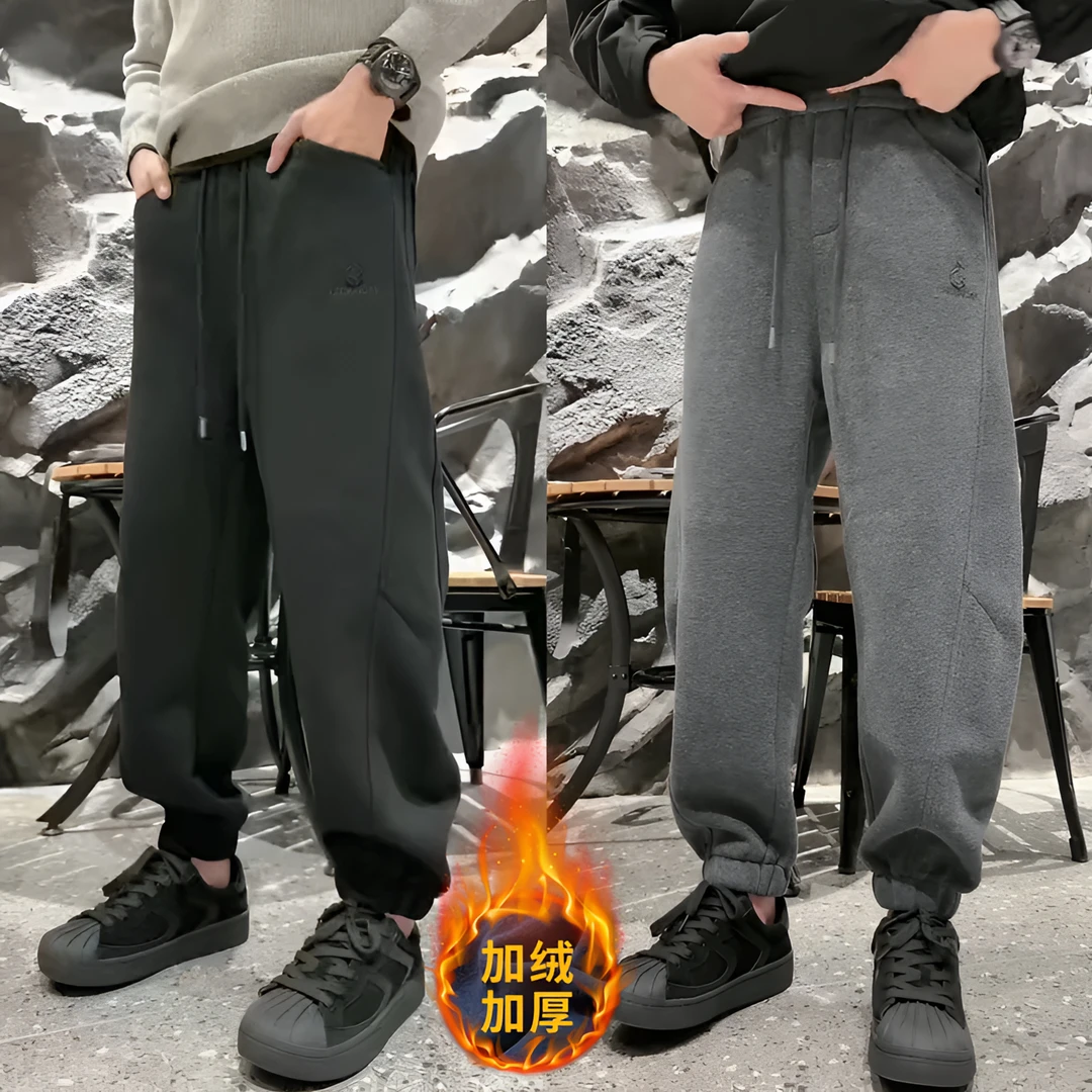 冬季新款加绒加厚保暖束脚卫裤男士时尚潮流高街痞帅宽松休闲长裤