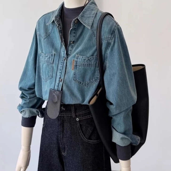 复古港风蓝色牛仔衬衫女春秋设计感叠穿百搭小个子正肩上衣外套潮