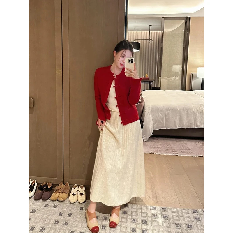 温柔系舒适透气显瘦百搭红色针织开衫上衣高腰宽松纯色半身裙套装
