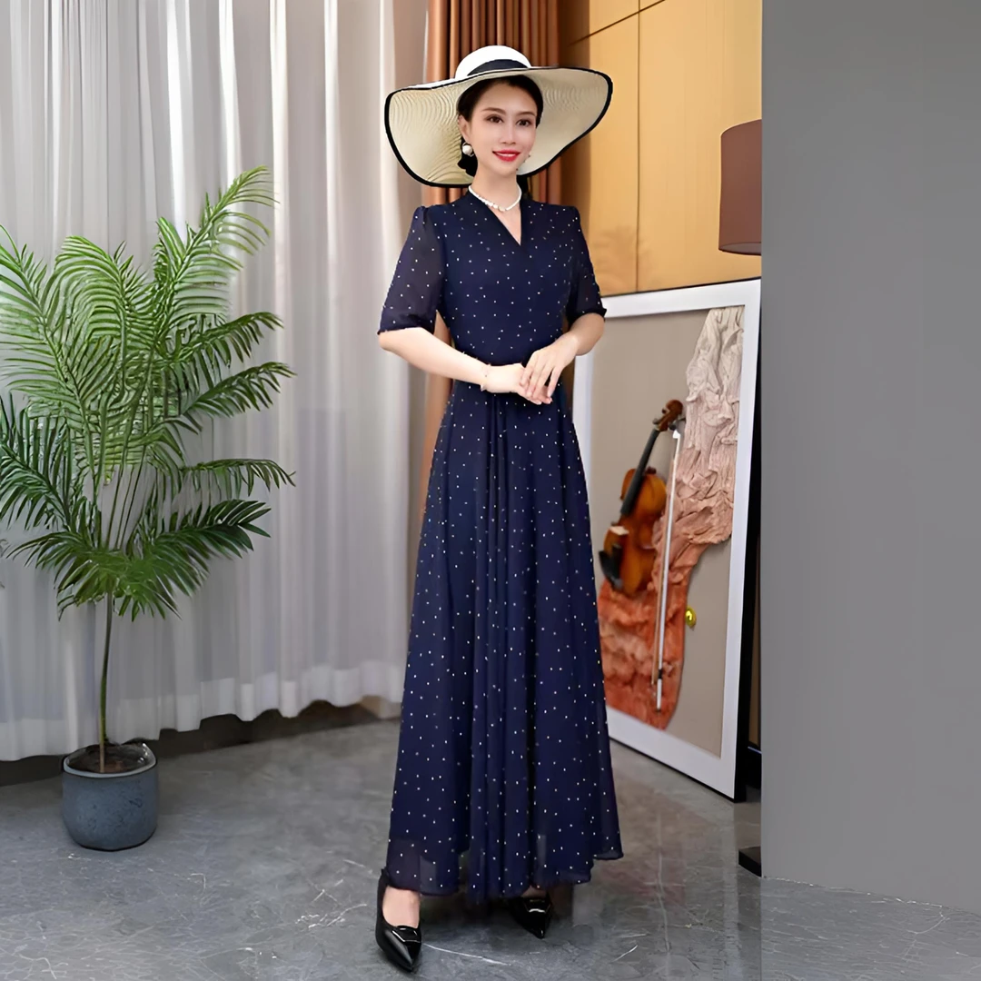 香衣丽华28-藏蓝星空夏季新款V领圆点套头中腰长款过膝大摆连衣裙