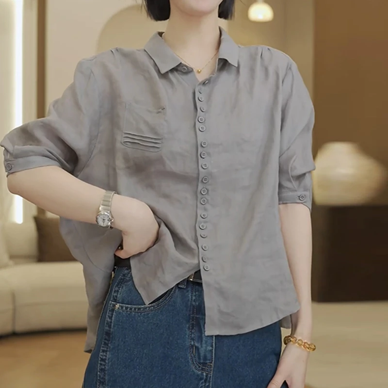 简约气质通勤风polo领衬衫女夏季新款小个子百搭遮肉显瘦半袖上衣