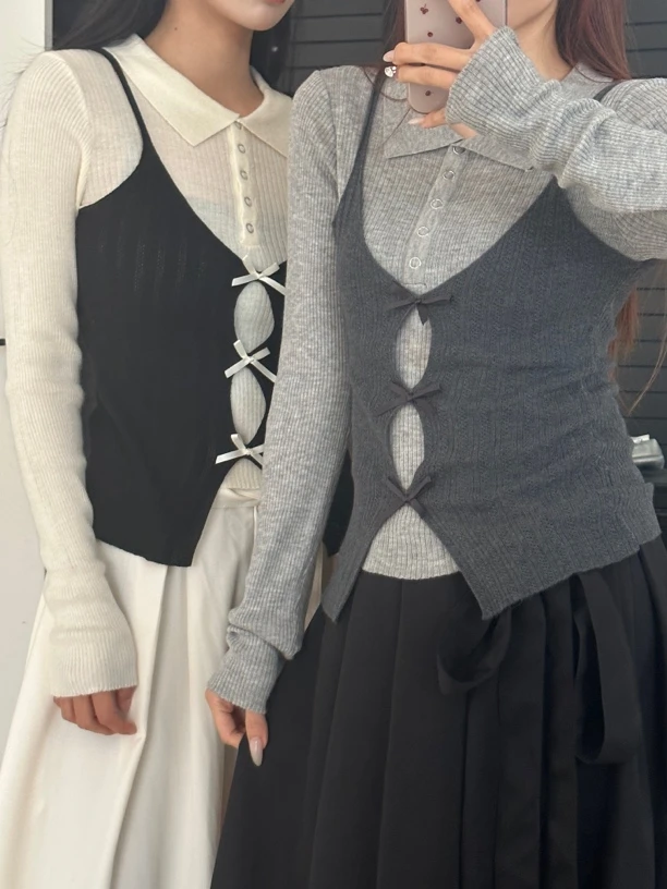 春季新款小众气质撞色假两件POLO领排扣蝴蝶结短款针织衫女潮