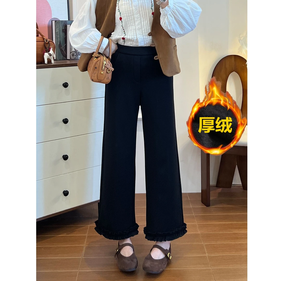 显瘦保暖~秋冬万向弹加绒加厚小个子直筒裤子女显瘦木耳边小黑裤