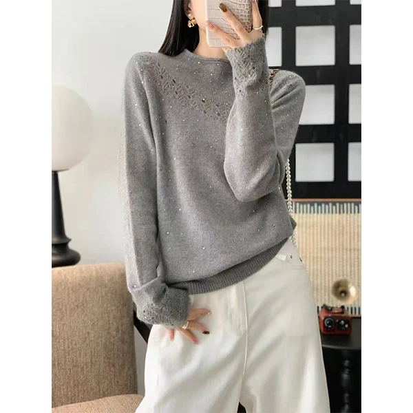 【胸口钩花镂空灰色打底】针织衫宽松显瘦休闲时尚百搭