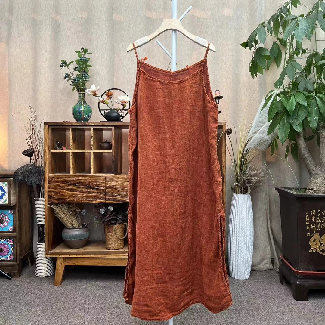 花璟与麻原创设计款复古做旧吊带袍裙（衣长115胸围125）