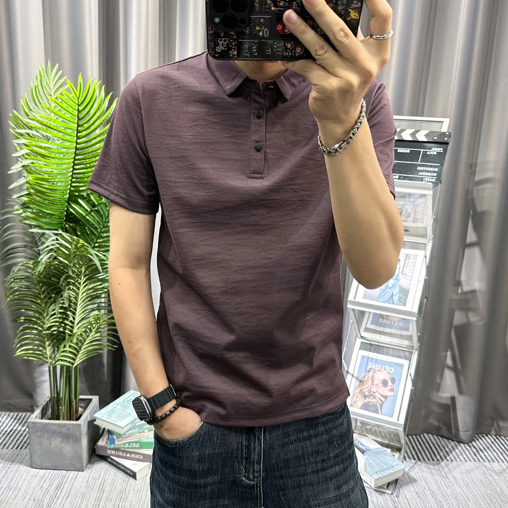 紫色棉麻POLO衫男士短袖2025夏季新款纯色翻领修身T恤薄款上衣服