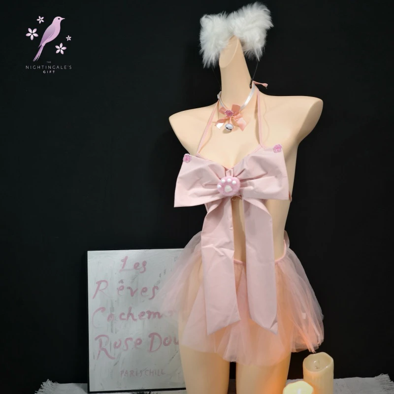 【夜莺no退no换哦】美少女猫咪风纯欲可爱蝴蝶结绑带美背连体睡裙