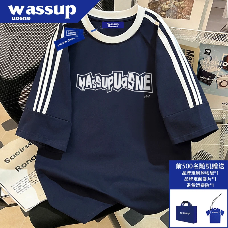 WASSUP UOSNE字母印花短袖T恤男生2025新款美式复古休闲半袖上衣