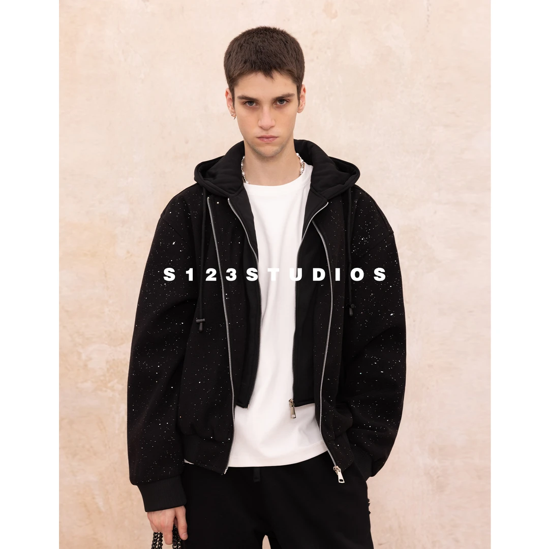 聪明陈S123 美式休闲满天星假两件连帽拉链开衫夹克小众闪钻百搭