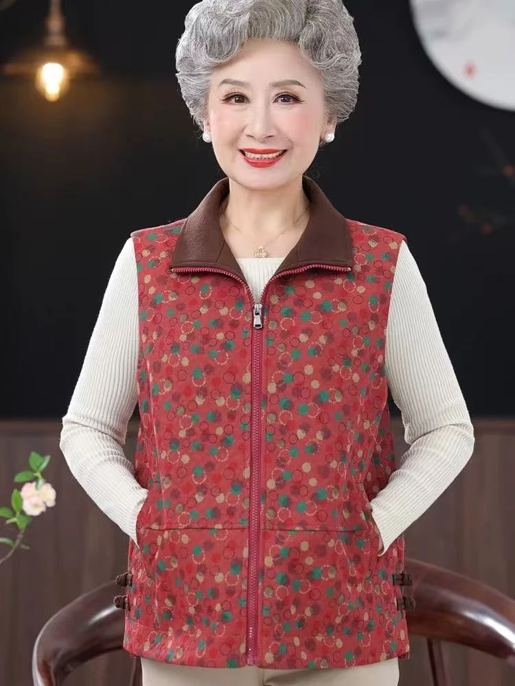 Q15002【波点红色马甲】碎花宽松型中老年女装外穿马甲春秋中老年