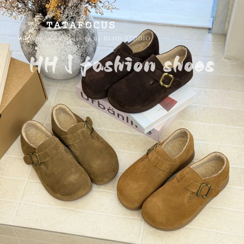 真皮厚底软底勃肯包头棉鞋女外穿2025秋冬款一脚蹬加绒保暖毛毛鞋