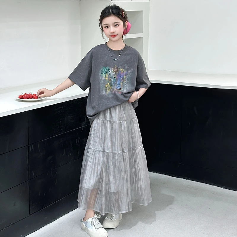 女童夏季套装2025新款女大童夏装T恤儿童薄款短袖半身裙两件套