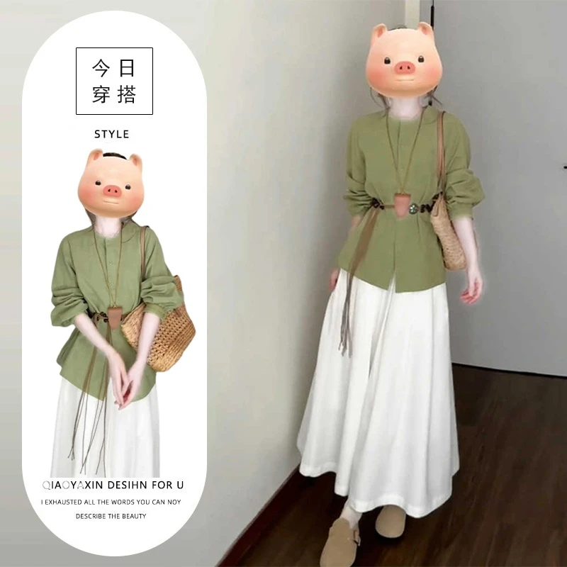 法式绿色衬衫连衣裙女2025秋季新款韩系穿搭一整套超好看气质长裙