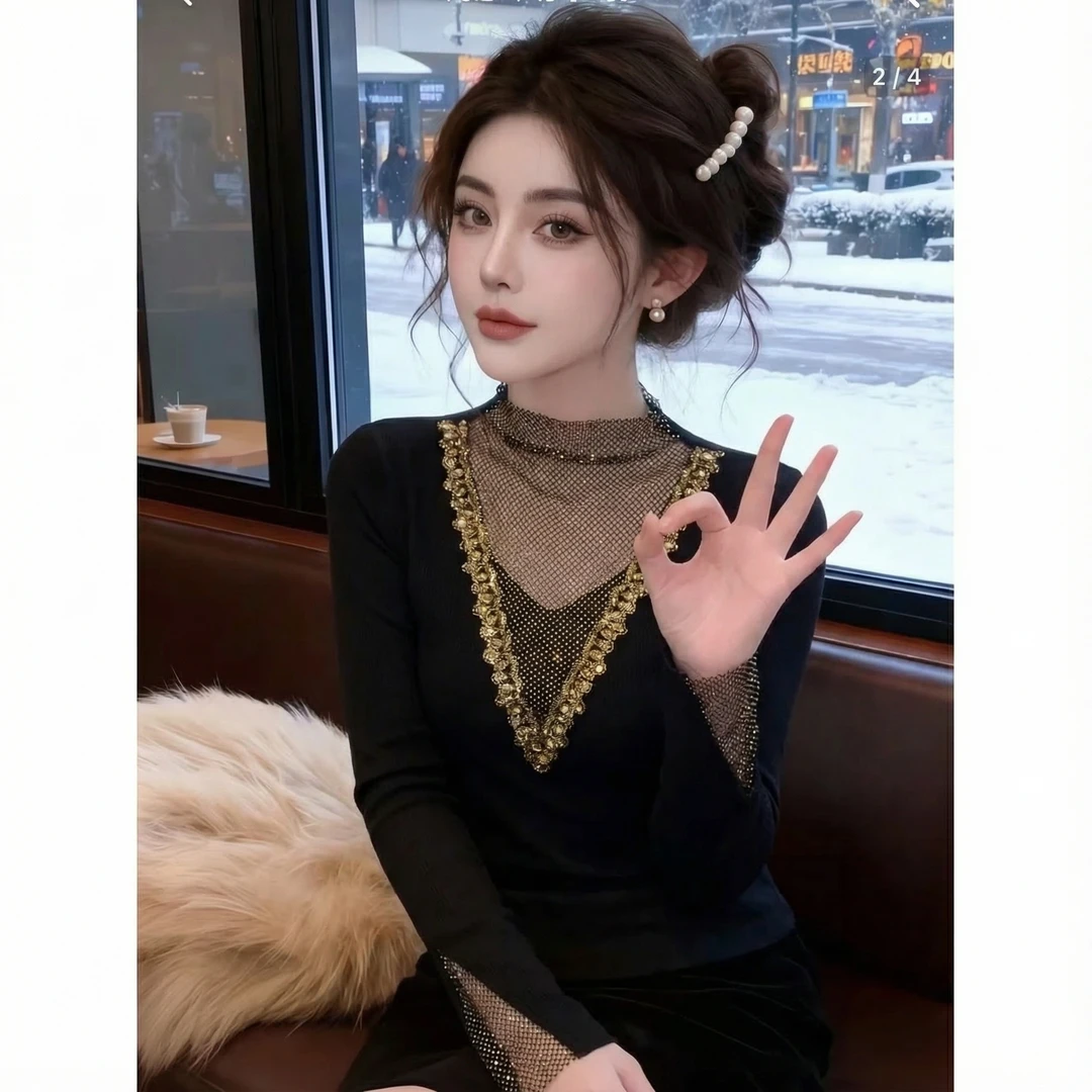 【芙娜妮】秋冬百搭新款镂空加绒2025保暖长袖打底针织衫F2531054A