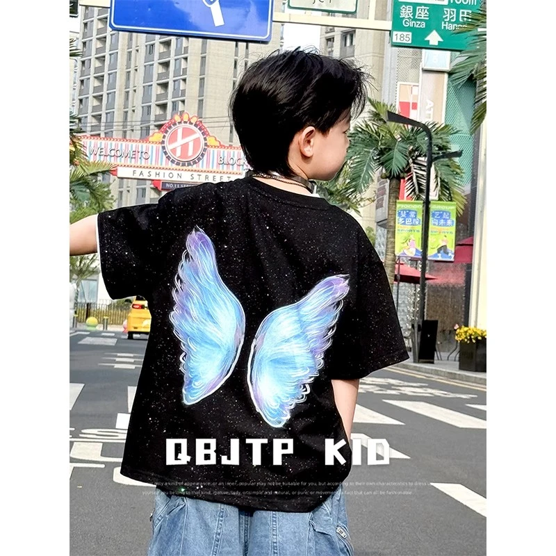 发光满天星儿童短袖t恤夏装男童薄款T恤ins高街时尚上衣潮T恤星空
