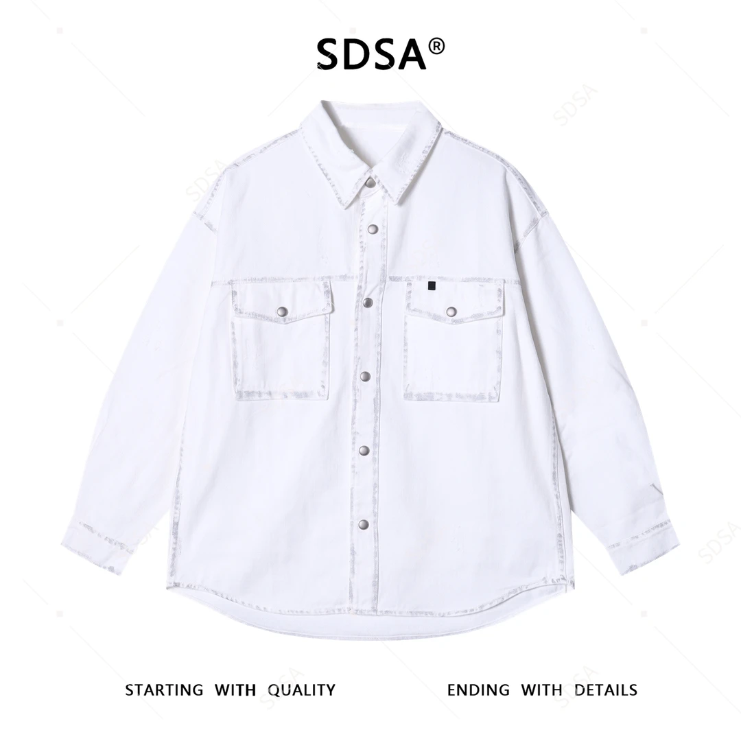 SDSA秋冬新款痞帅男装韩版磨破纽扣翻领长袖牛仔衬衫百搭时尚衬衣