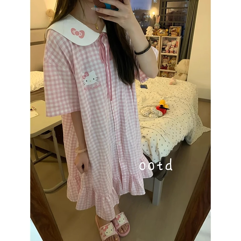 可爱卡通Kitty猫印花短袖睡裙女夏季新款慵懒风家居服睡衣连衣裙