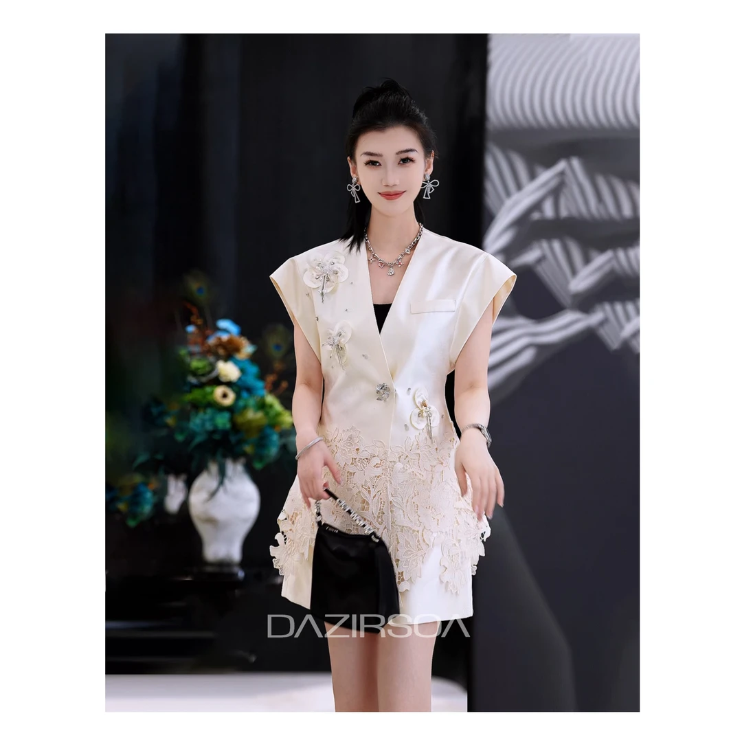 DAZIRSOA/达姿“流光绮梦”时尚百搭拼接蕾丝花朵个性马甲套装 Y783