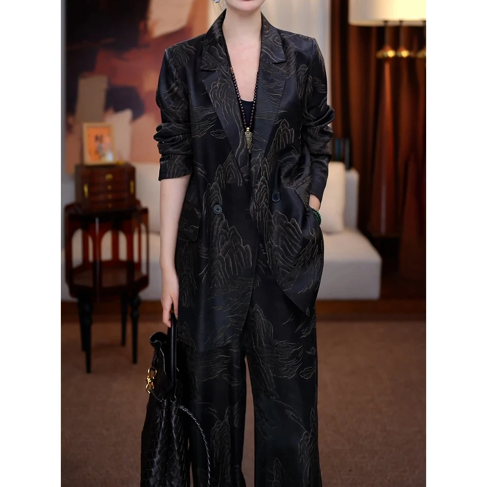 新中式国风缎面黑色西装套装女2025秋季新款外套长袖上衣+阔腿裤