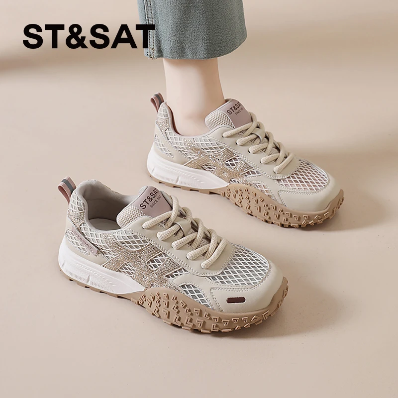 星期六德训鞋女2025夏季新款超火镂空透气网鞋厚底休闲运动鞋女鞋