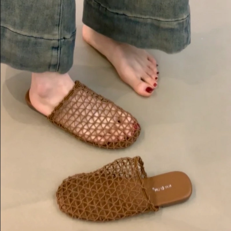 NQL-166-1小众设计感网面镂空包头半拖鞋法式休闲百搭软底拖鞋