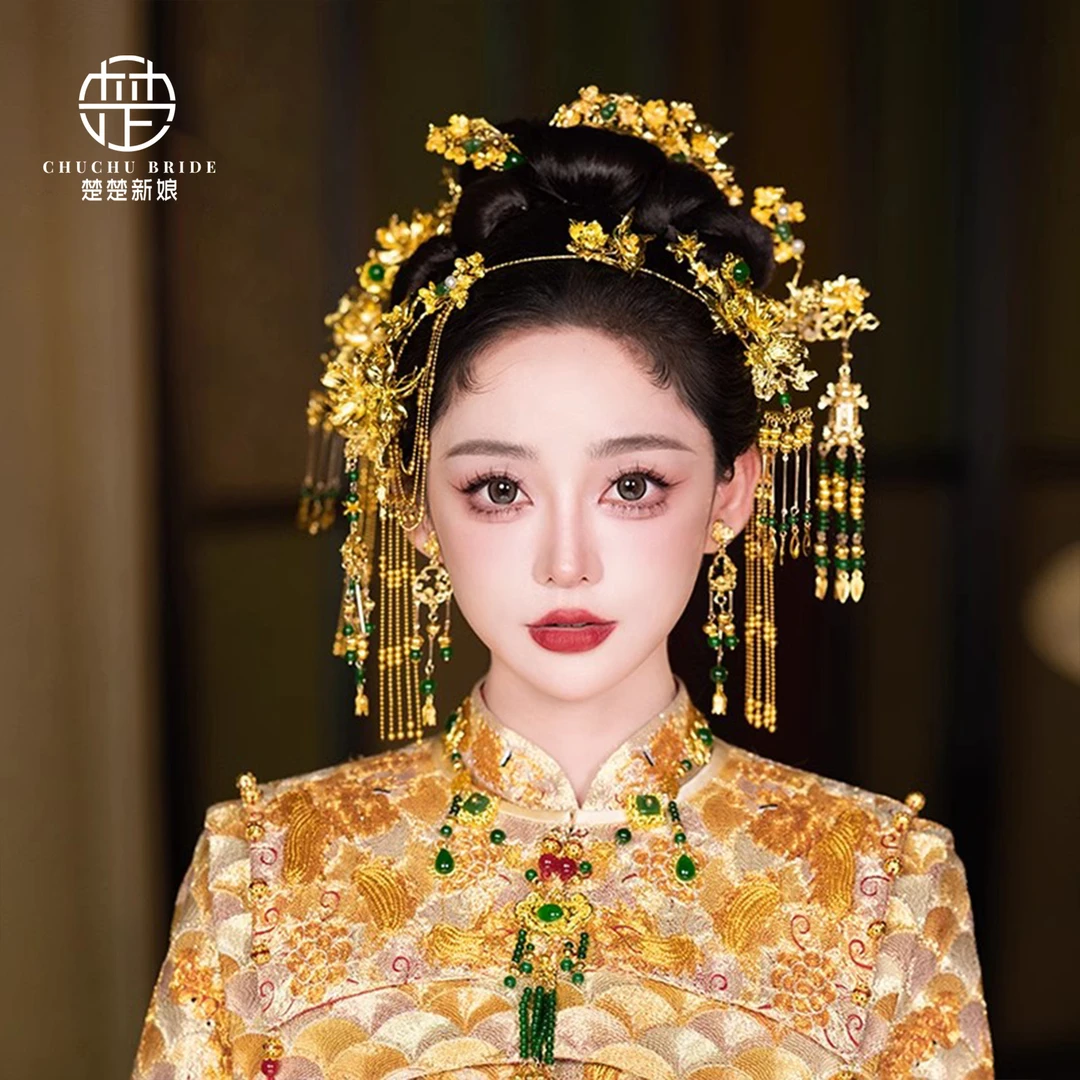 新娘结婚头饰金色秀禾服发饰圣女冠配饰金绿色发梳秀禾服配饰品