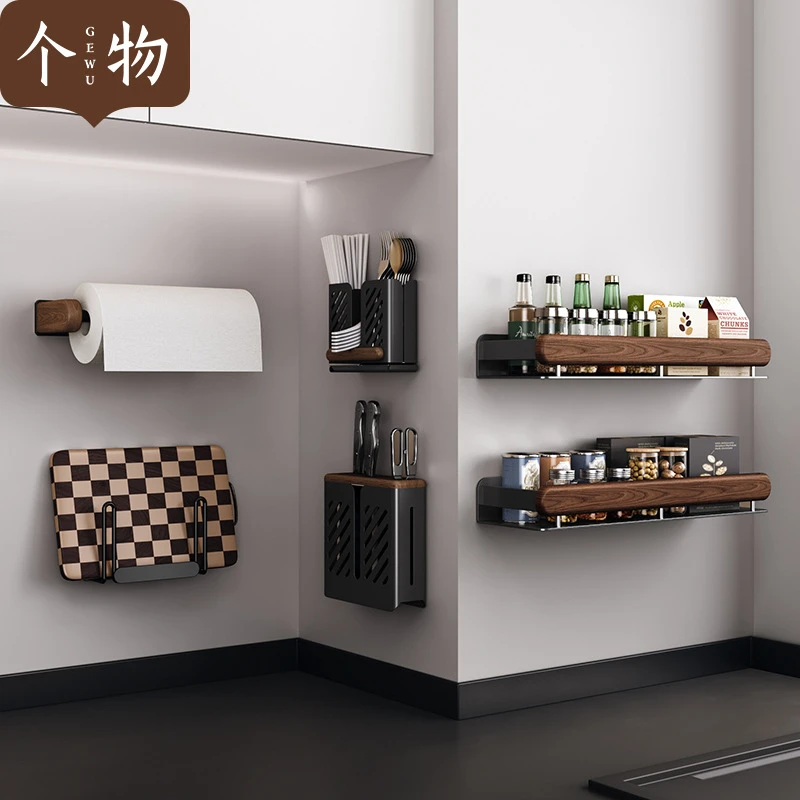 个物胡桃木厨房调味料品罐置物架壁挂式免打孔墙上多功能收纳架子