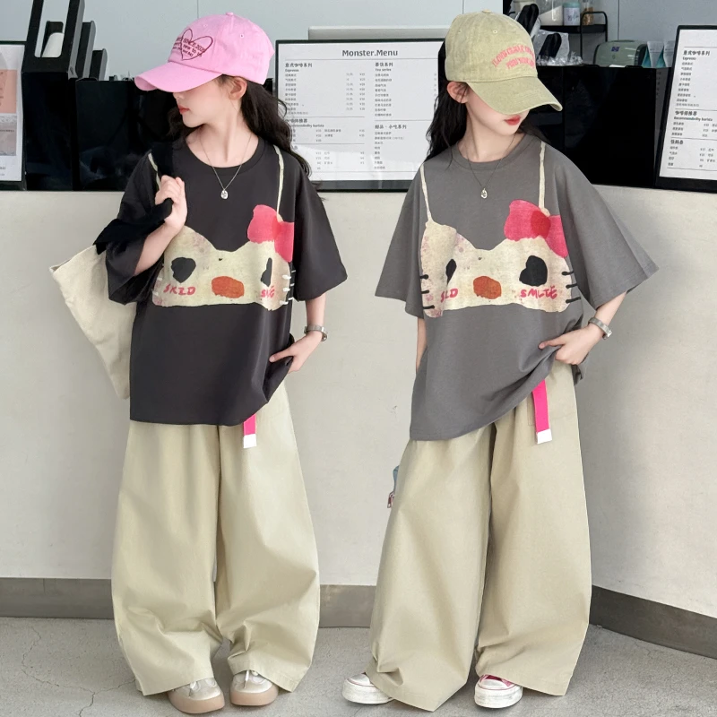 女童夏季套装2025新款趣味搞怪印花t恤儿童韩版休闲工装裤两件套