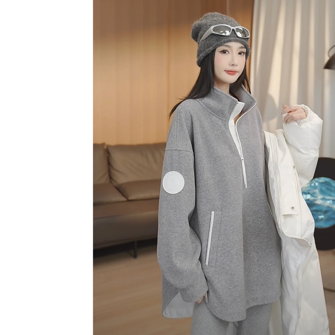 【赵一一】加绒磨毛针织卫衣立领加厚休闲宽松拉链卫衣Y22600