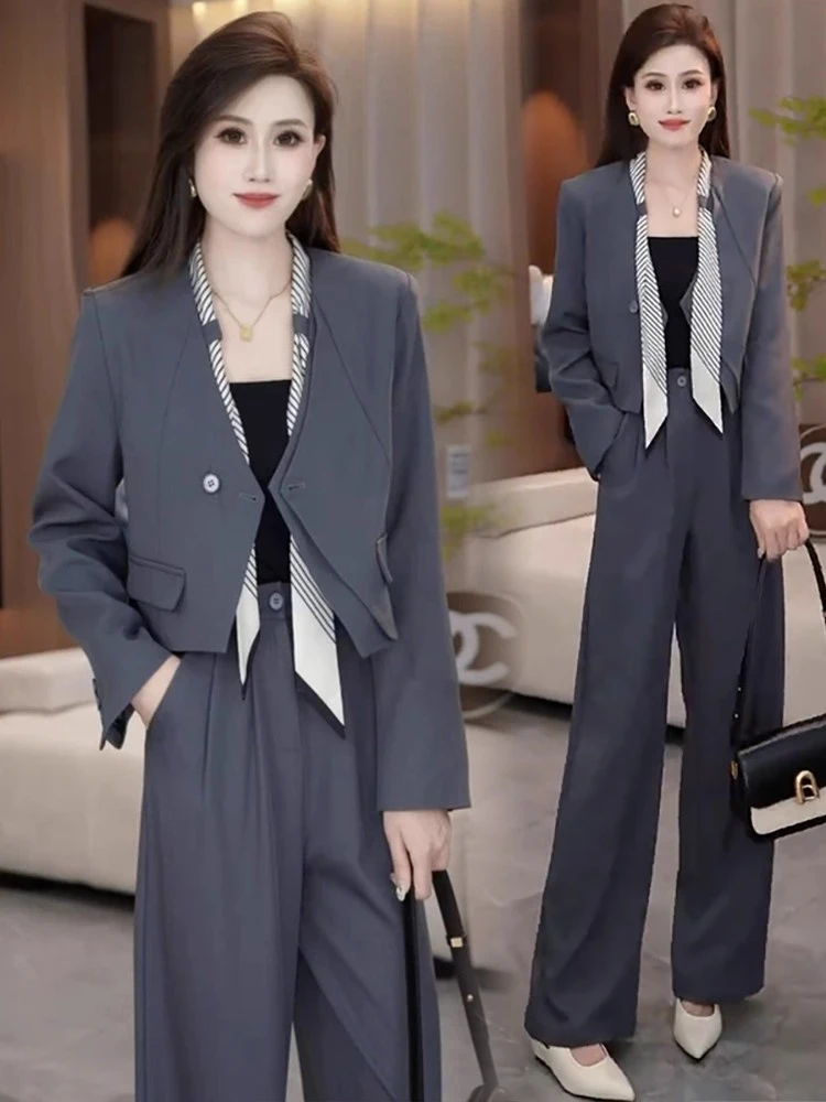 时尚西装套装女2025秋季新款显瘦短款西服外套阔腿裤两件套潮8376