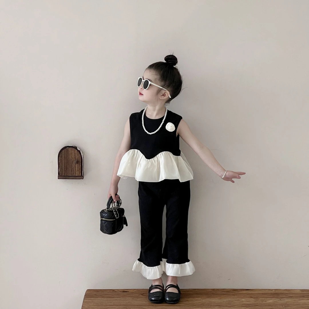 女童韩系套装夏季新款露肩无袖上衣荷叶边背心女宝宝微喇裤套装