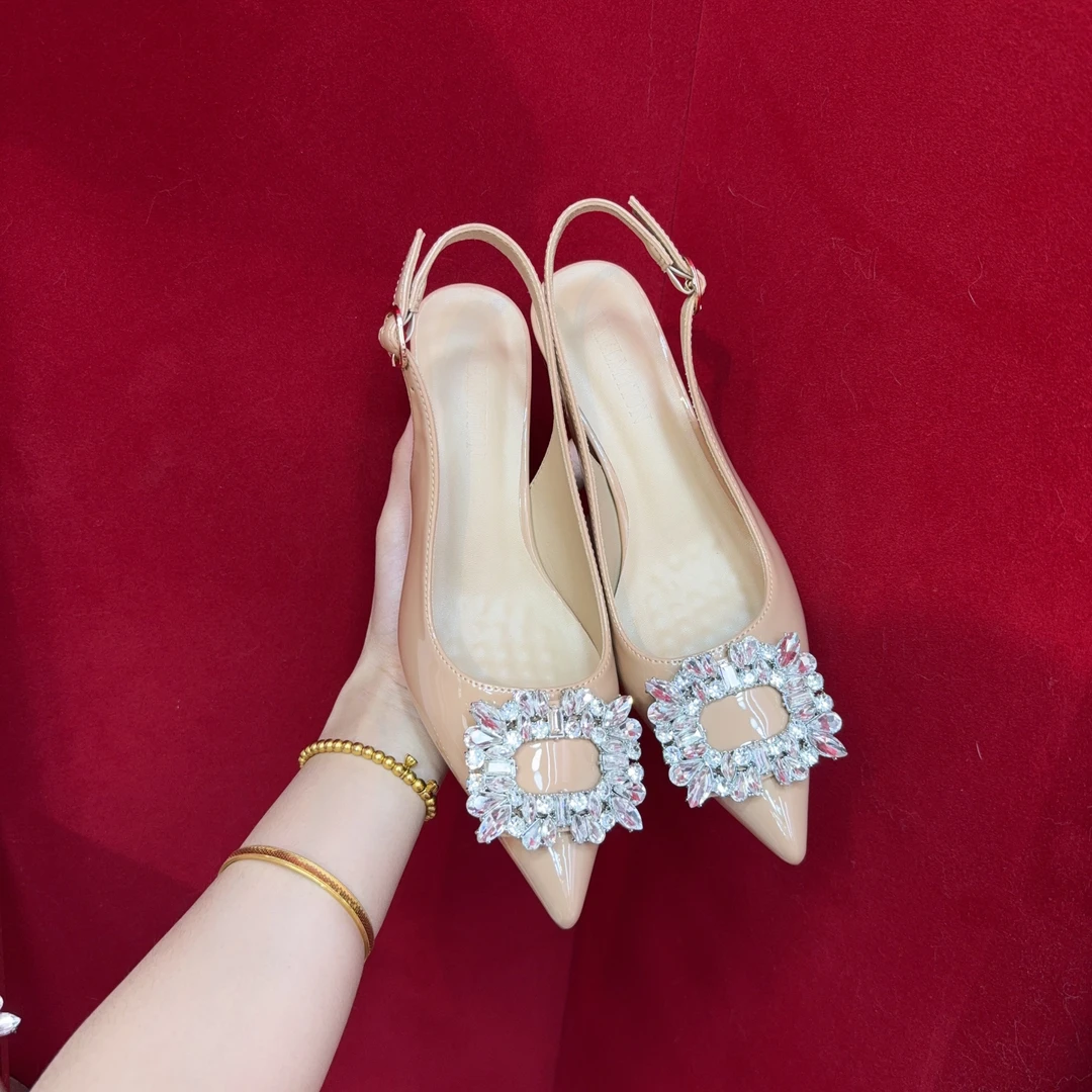 羊皮垫水钻一字带凉鞋 软底粗跟细跟两个跟高~尖头后空高跟凉鞋