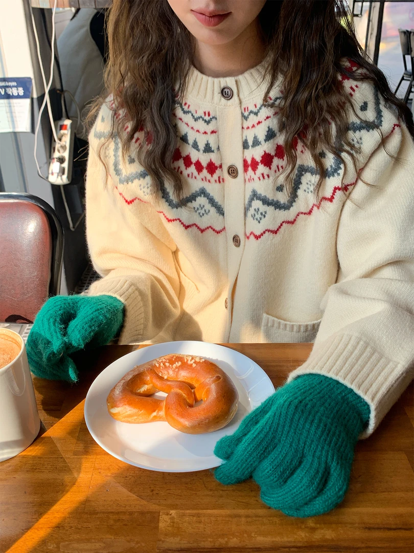 宽松慵懒复古提花费尔岛圆领针织开衫女春秋宽松软糯百搭毛衣