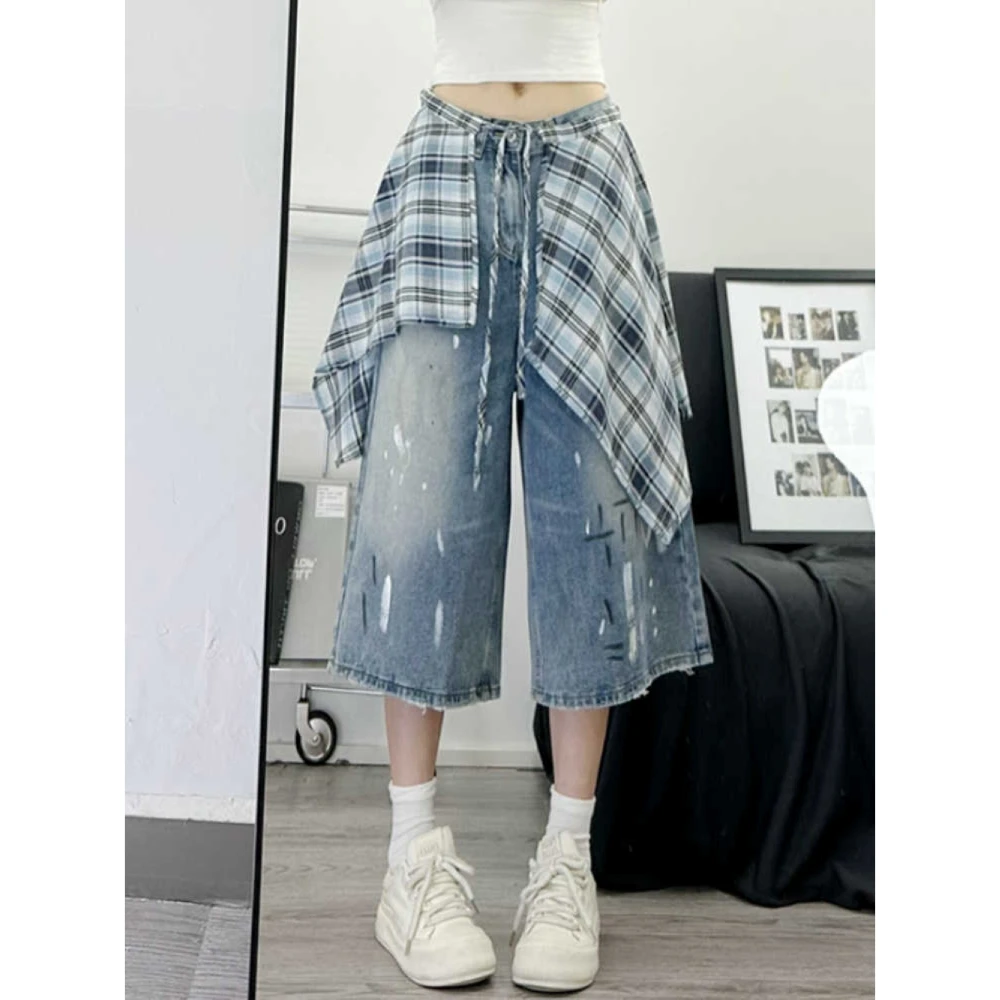美式撞色格纹裙摆泼墨牛仔中裤女夏季2025新款宽松显瘦阔腿七分裤