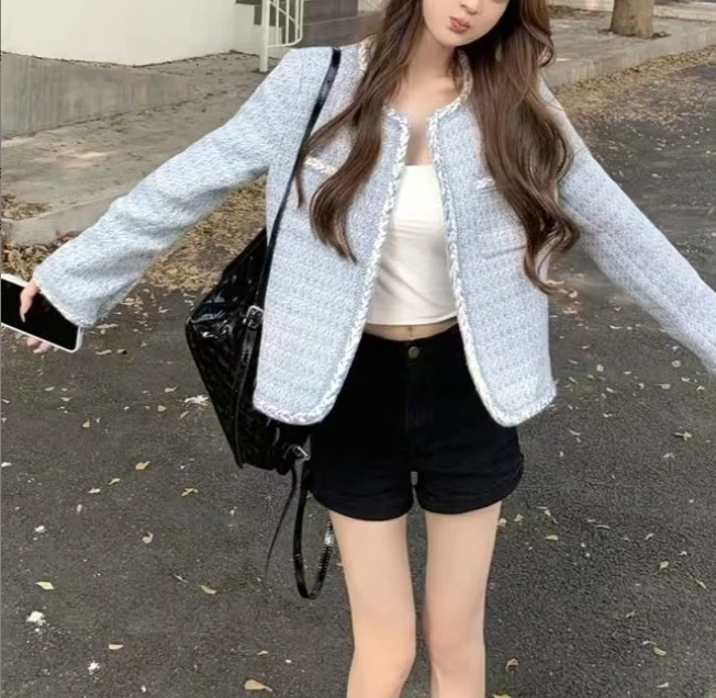 572-洋气百搭时尚粗花呢圆领长袖小香风外套