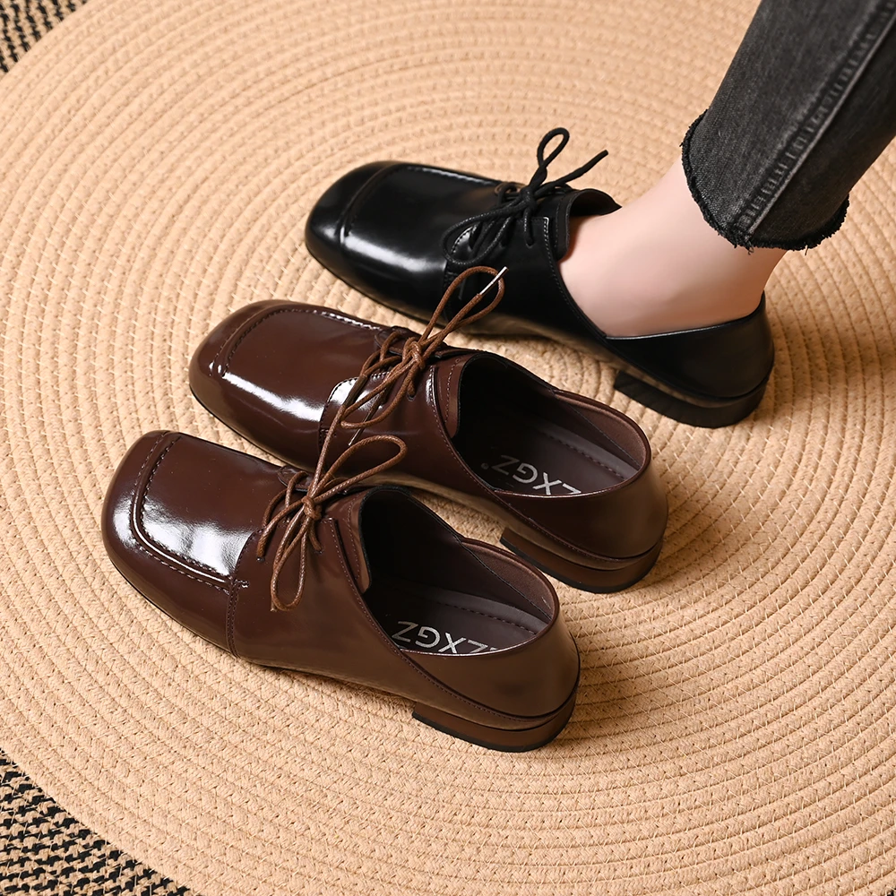 鞋子女2025年新款爆款舒适方头单鞋英伦风小皮鞋系带深口粗跟女鞋