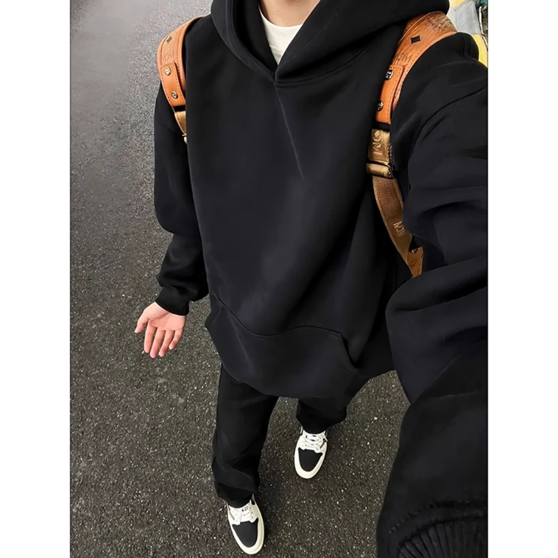 黑色美式硬挺连帽卫衣男春秋季短款boxy正肩版型cleanfit重磅外套