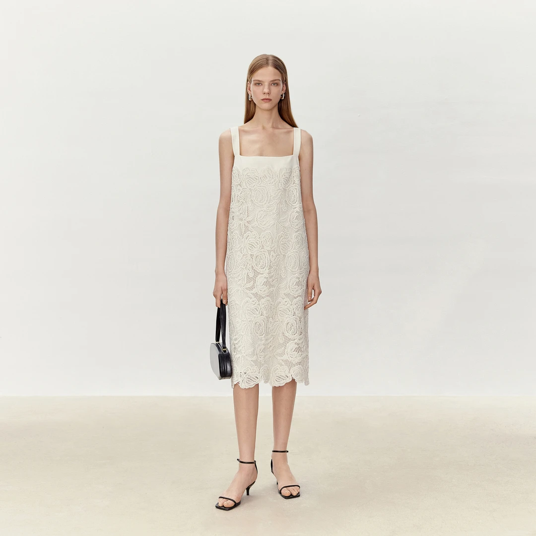 LYNEE  重工绣花拼接醋酸方领吊带连衣裙法式优雅裙子LGD2FSW072