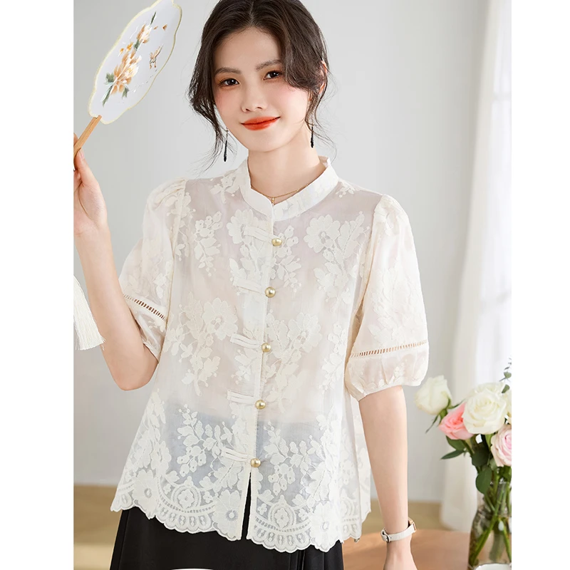 国风盘扣镂空显瘦新中式蕾丝衬衫女 气质短袖时尚减龄T恤 9276