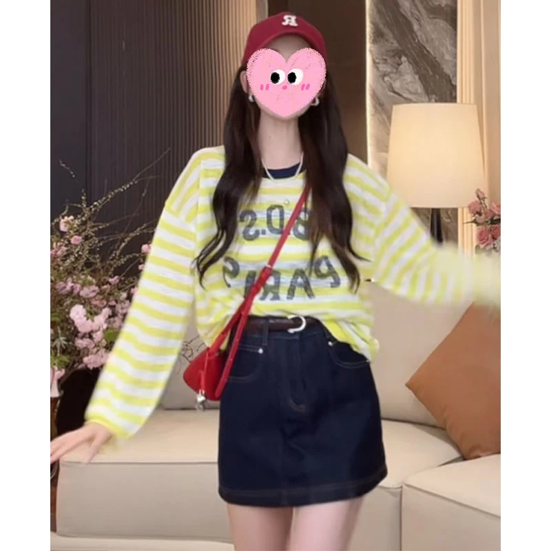 2025夏季新款高级感字母印花长袖T恤女时尚撞色条纹薄款防晒上衣