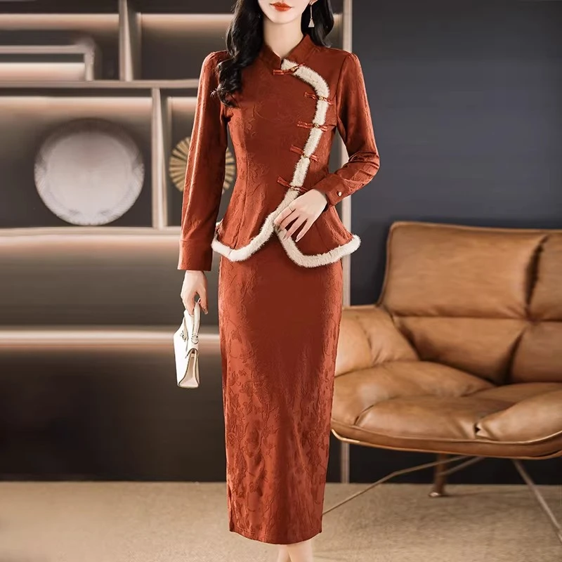 复古轻奢修身中国风气质长袖别致立领上衣半裙套装女秋冬婚宴礼服