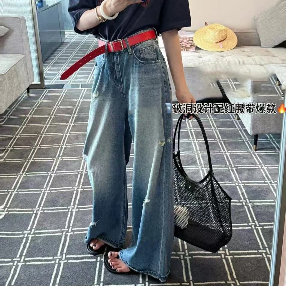 【玫瑰缘】欧货新款百搭显瘦时尚休闲洋气薄款阔腿红腰带牛仔直筒裤