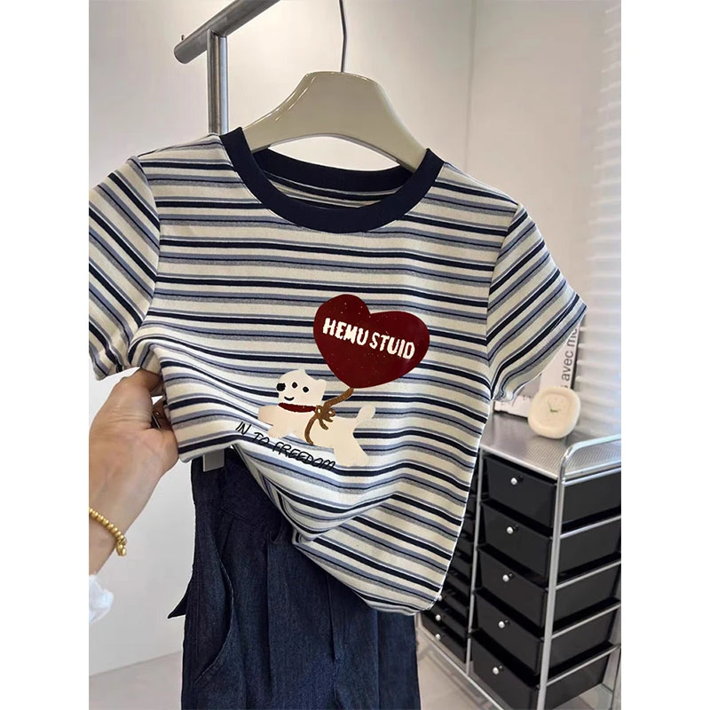 2025夏季爆款拼色条纹卡通正肩短袖t恤女装时尚洋气减龄薄款上衣