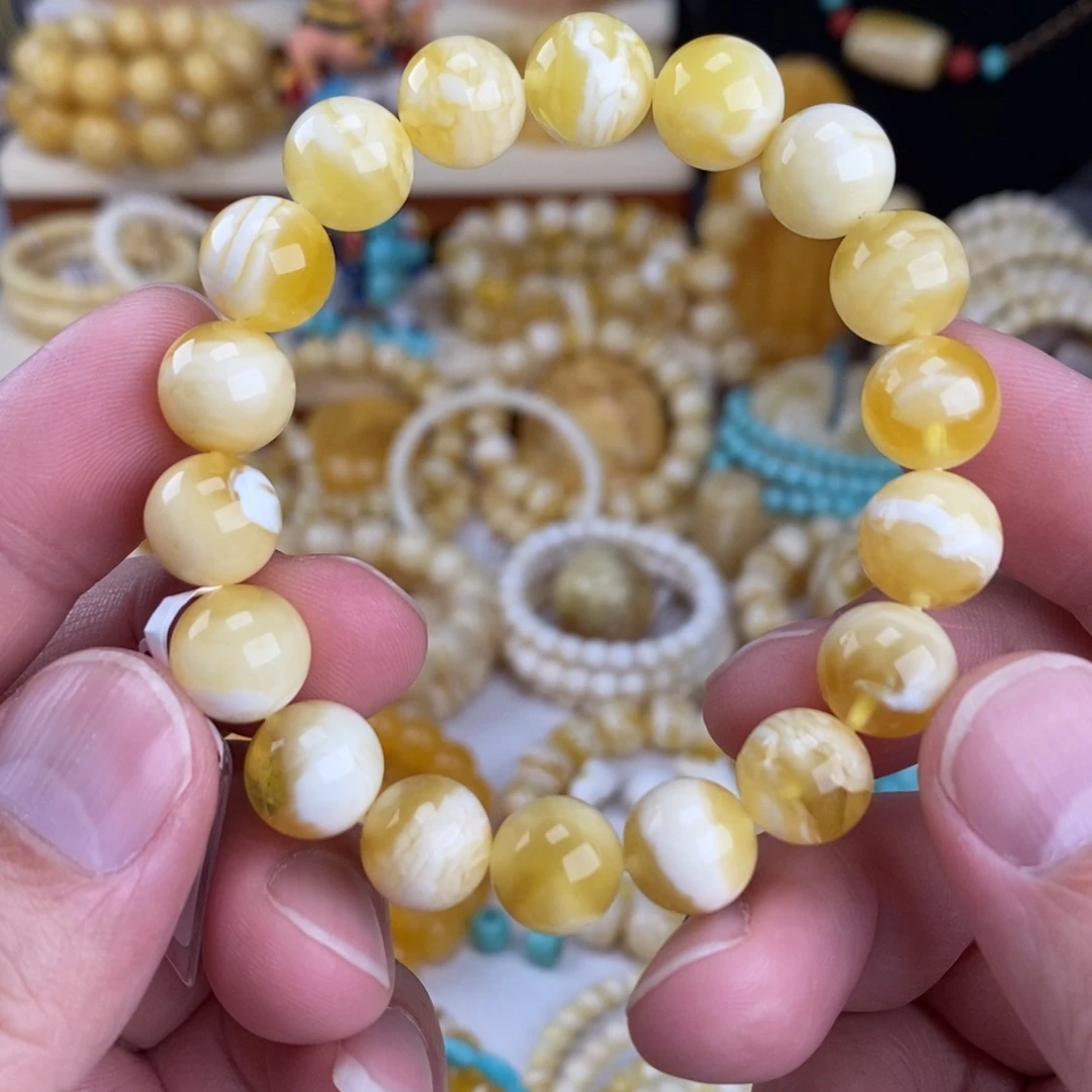 蜜蜡未镶嵌手链金瓷白溶洞妖花11.3mm圆珠