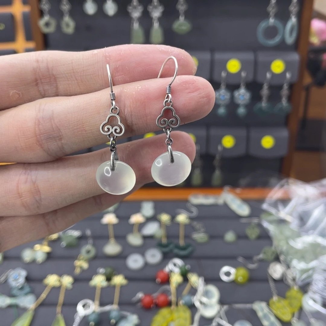 蛇纹石玉耳饰银S925镶嵌大***村