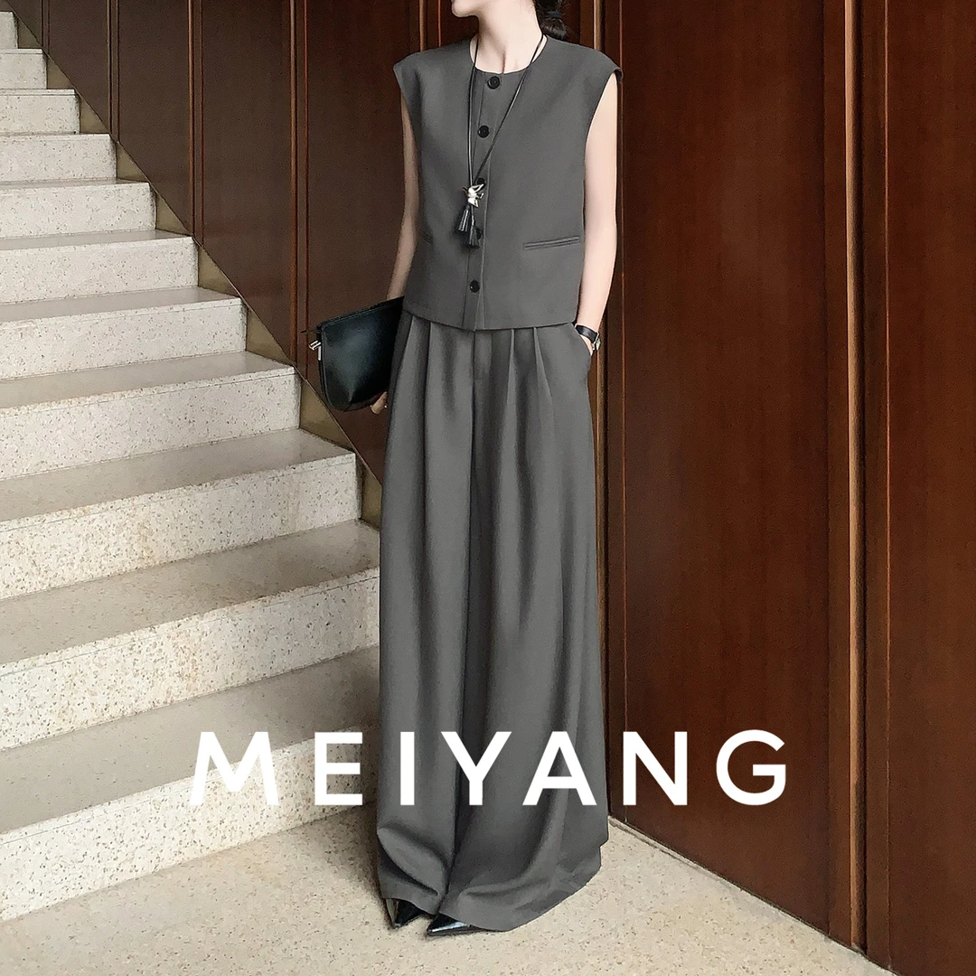 美洋MEIYANG 简行套装 麻感肌理圆领无袖马甲阔腿西裤两件套-周一