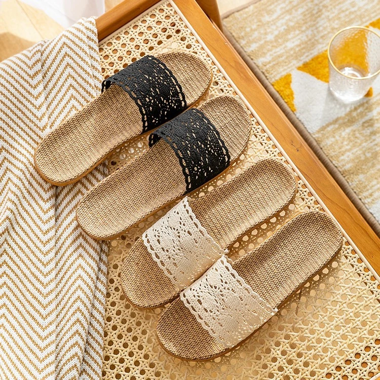 夏季蕾丝女士凉拖鞋家居室内防滑地板居家亚麻拖鞋女家13-01