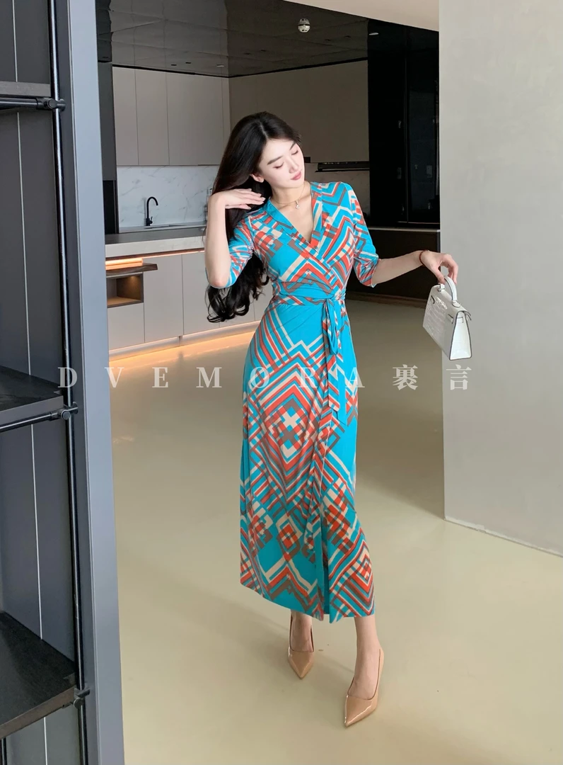 原创设计【暖隅析蓝】夏季裹身裙蓝色气质收腰显瘦度假一片式连衣裙