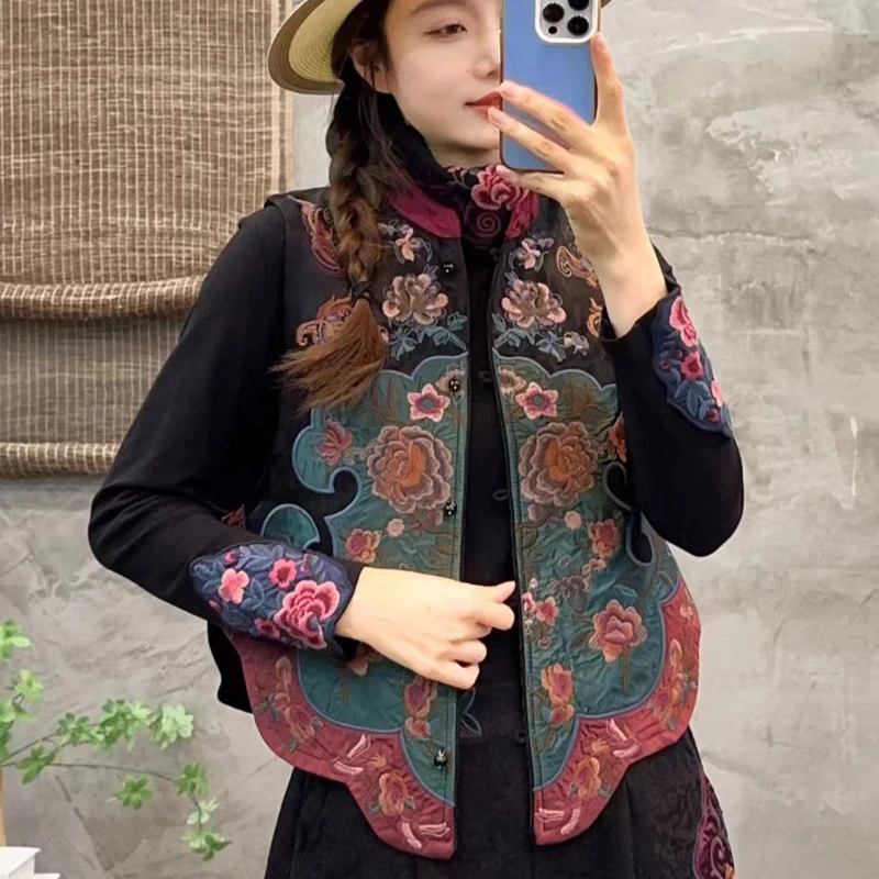 【锦绣江南】中国风刺绣女缎面坎肩春夏季女式民族风珠扣带里布马甲